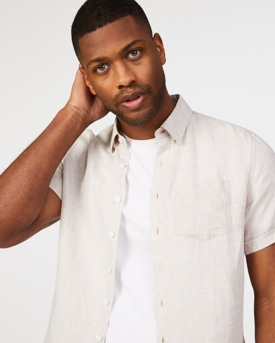 Singhs Linen Short Sleeve Shirt, Sand, hi-res